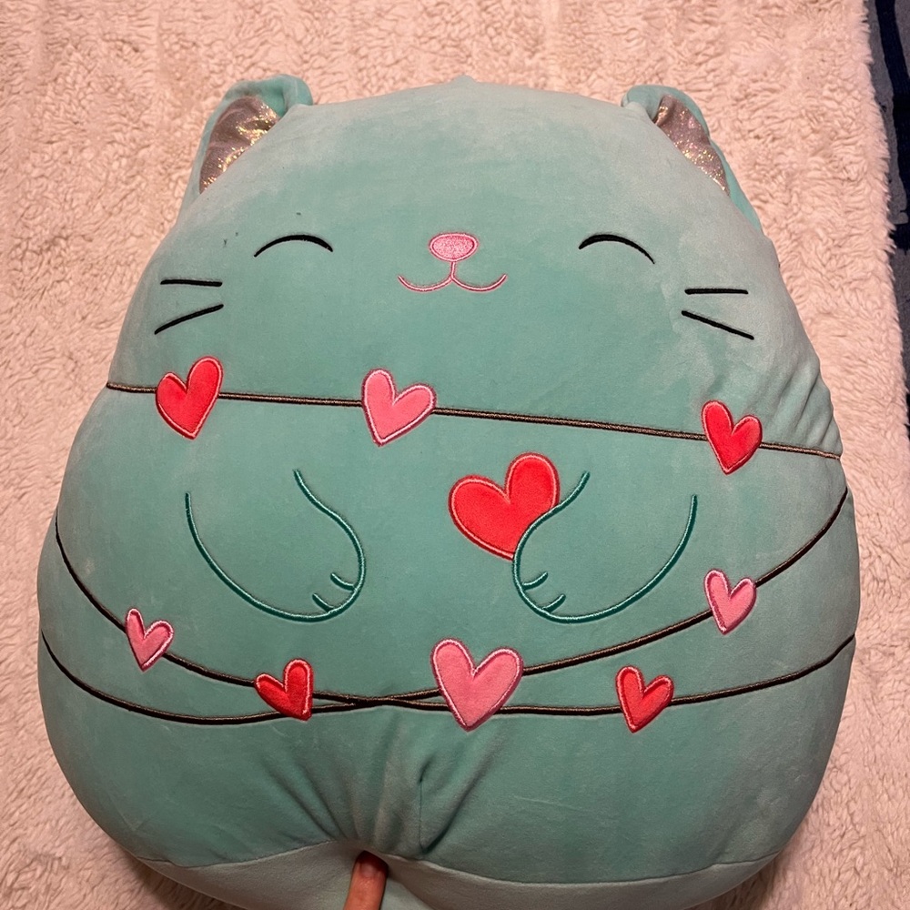 18” CHARISMA Squishmallows Green Cat Pillow with Heart Accents